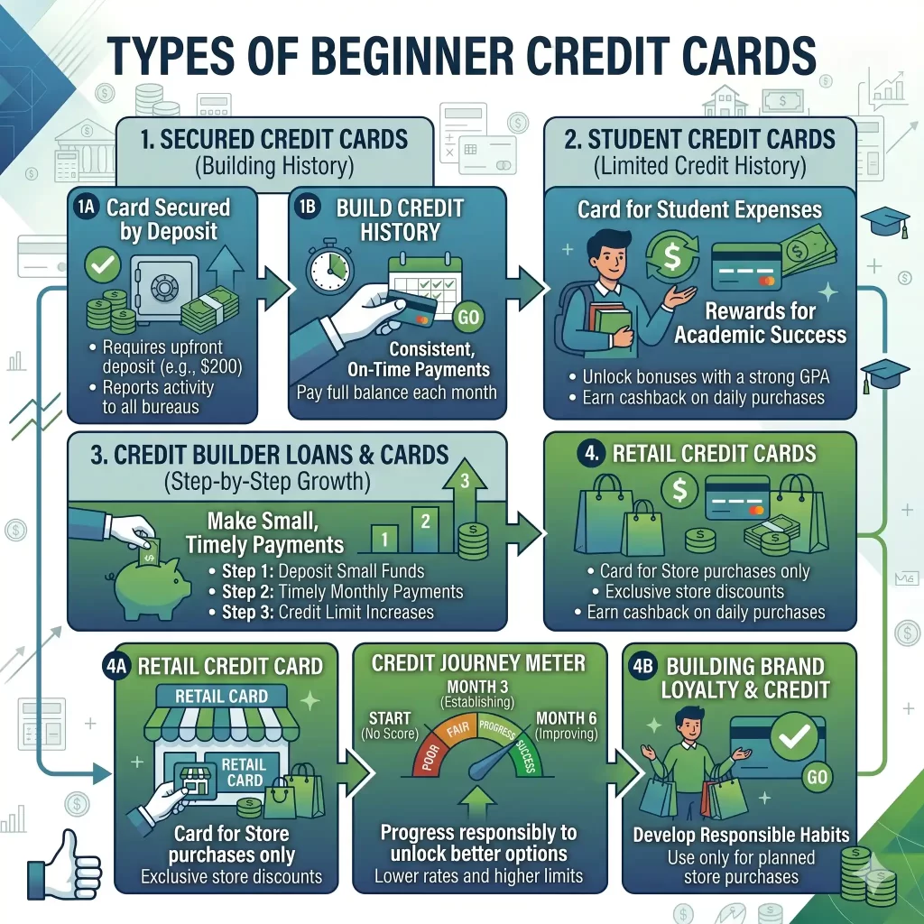 types of beginner credit cards USA explained